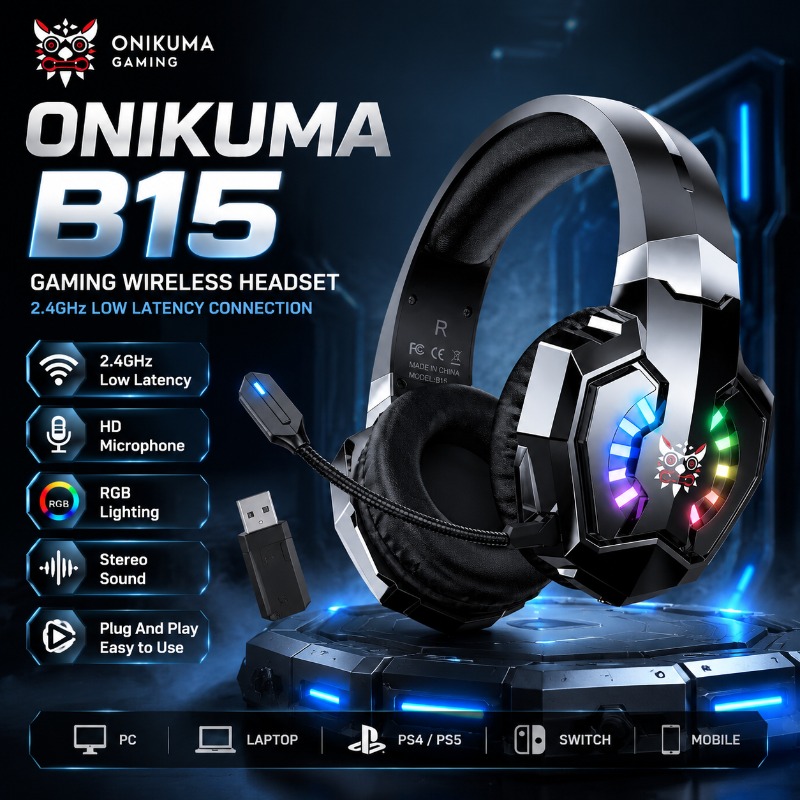 Gaming Console Apple - ONIKUMA B15 Headset Gaming Nirkabel 2.4GHz